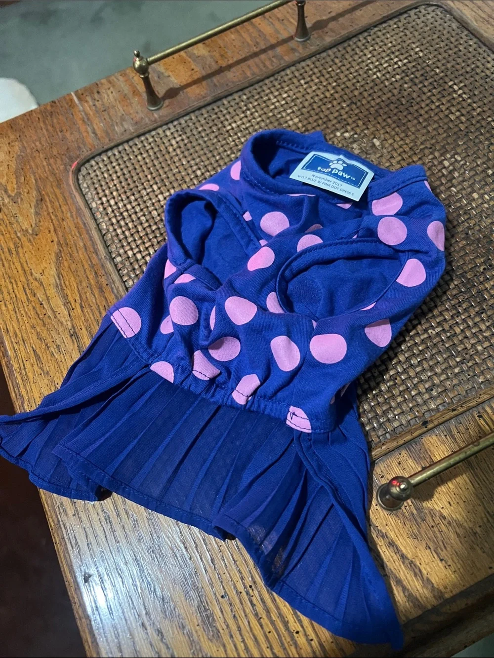 Top Paw Royal Blue Pleated Polka Dot Dog Dress with Bow